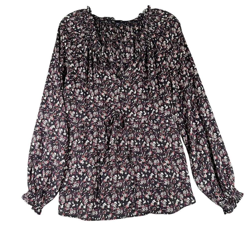 Gap Blouse Womens Medium Blue Floral Long Sleeve Drawstring Waist Peasant‎ Top